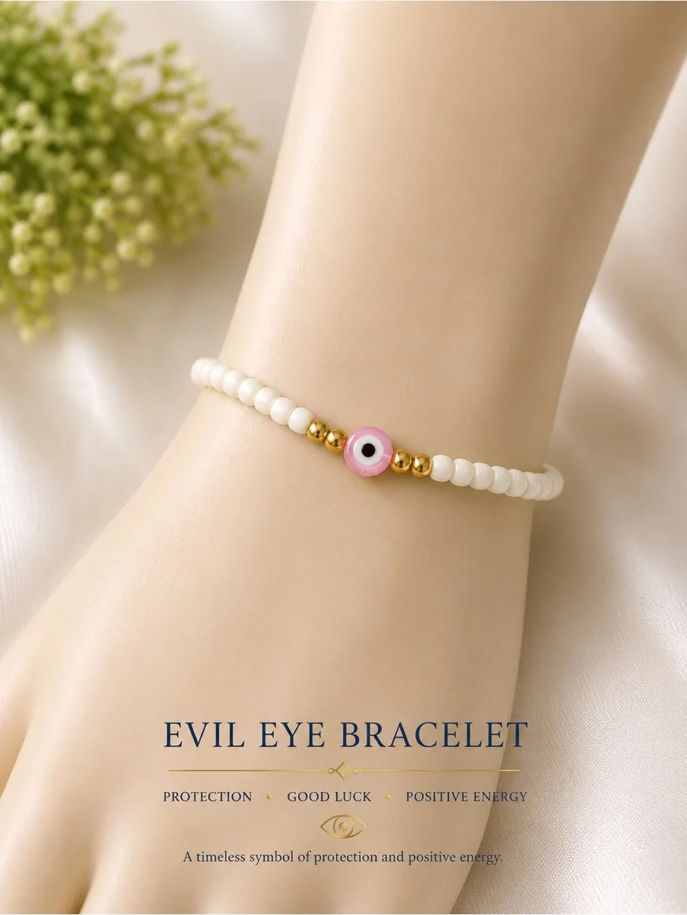 Evil Eye Beaded Bracelet - Pink & White #21